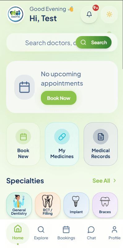 Dantya patient app home screen
